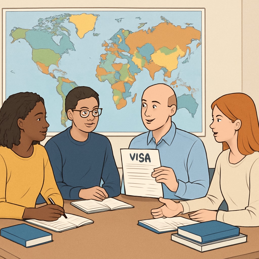 A group of international students discussing visa requirements and university admissions. International students discussing visa and university admission challenges.