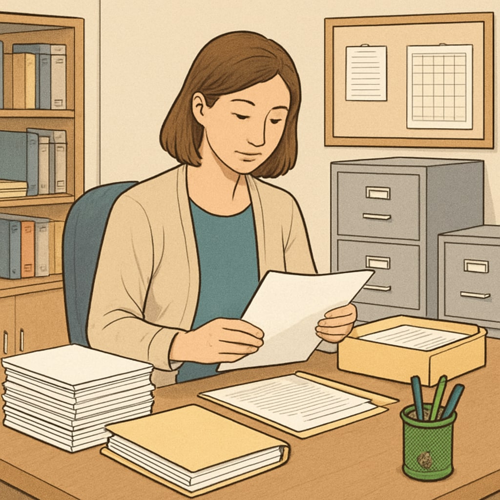 An administrative staff member organizing documents in a school office. Administrative staff managing school operations, illustrating non-teaching positions.