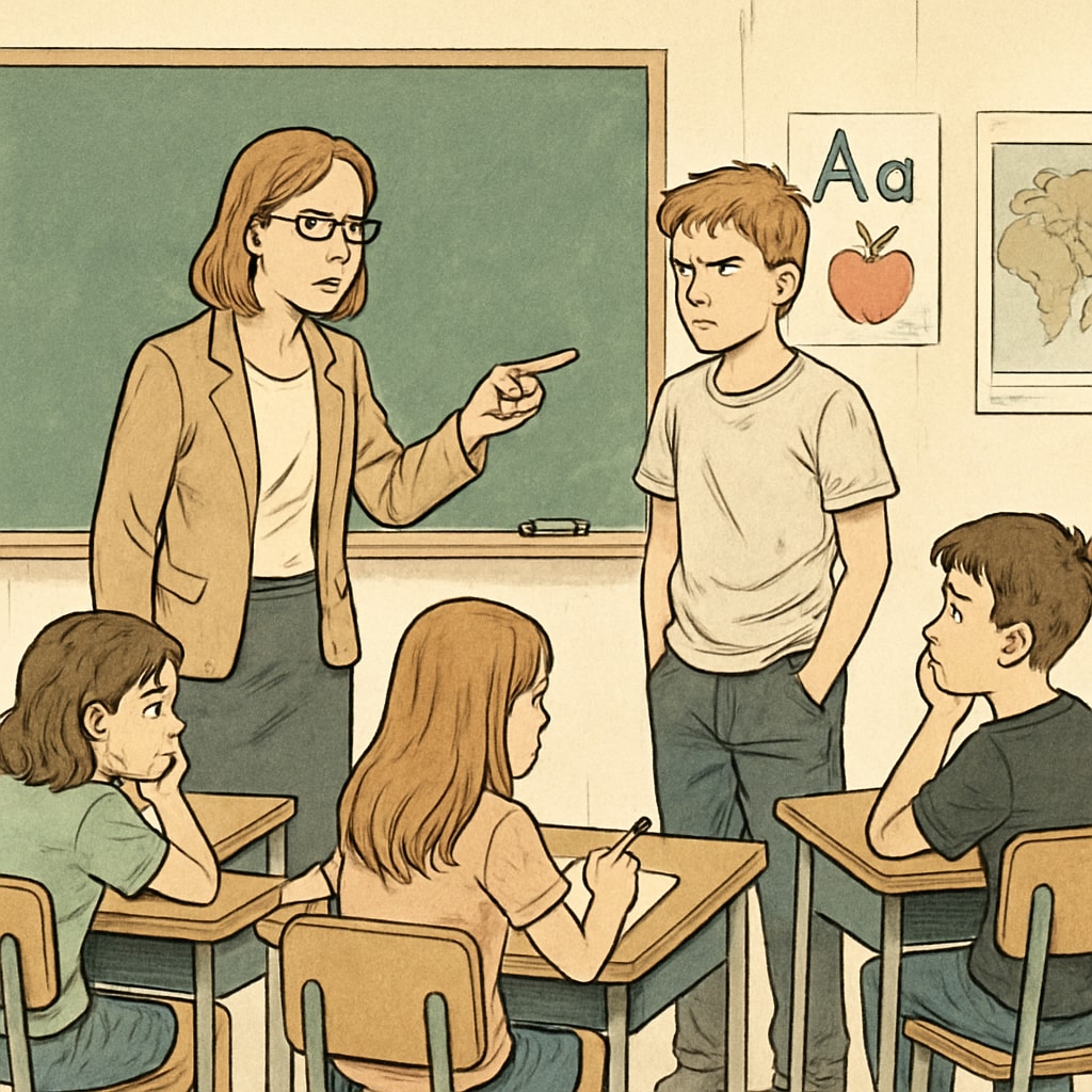 A classroom scene showing a teacher addressing a disruptive student while other students look distracted. A teacher engaging with a disruptive student in a public school classroom.