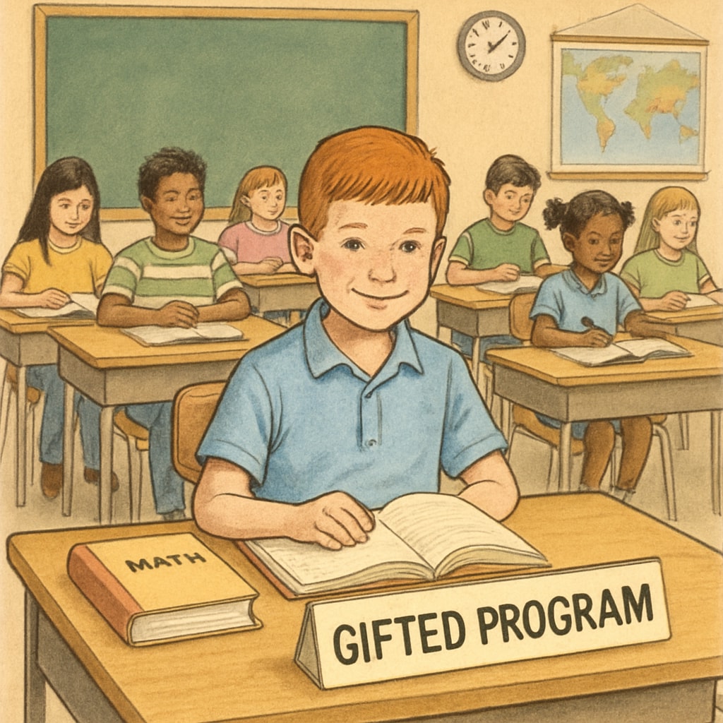 A classroom with students, where one child is seated separately with materials labeled A classroom scene showing a child in a