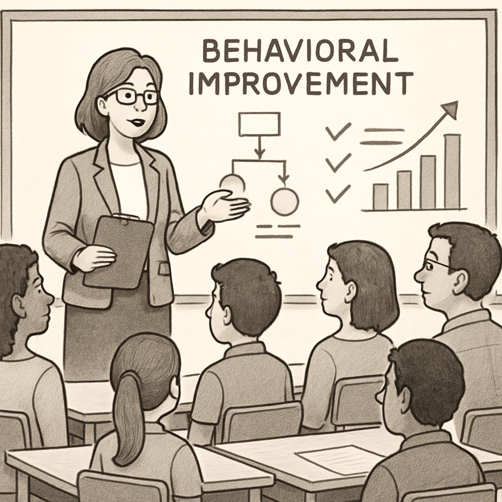 A counselor leading a workshop with students and parents focused on behavioral improvement strategies. A counselor conducting a behavioral workshop for students and parents in a public school.
