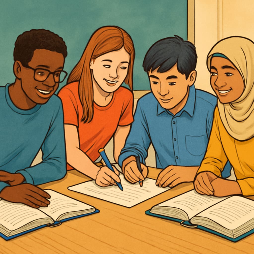 A diverse group of students working collaboratively, highlighting inclusivity in education. A diverse classroom emphasizing teamwork and inclusivity in learning.