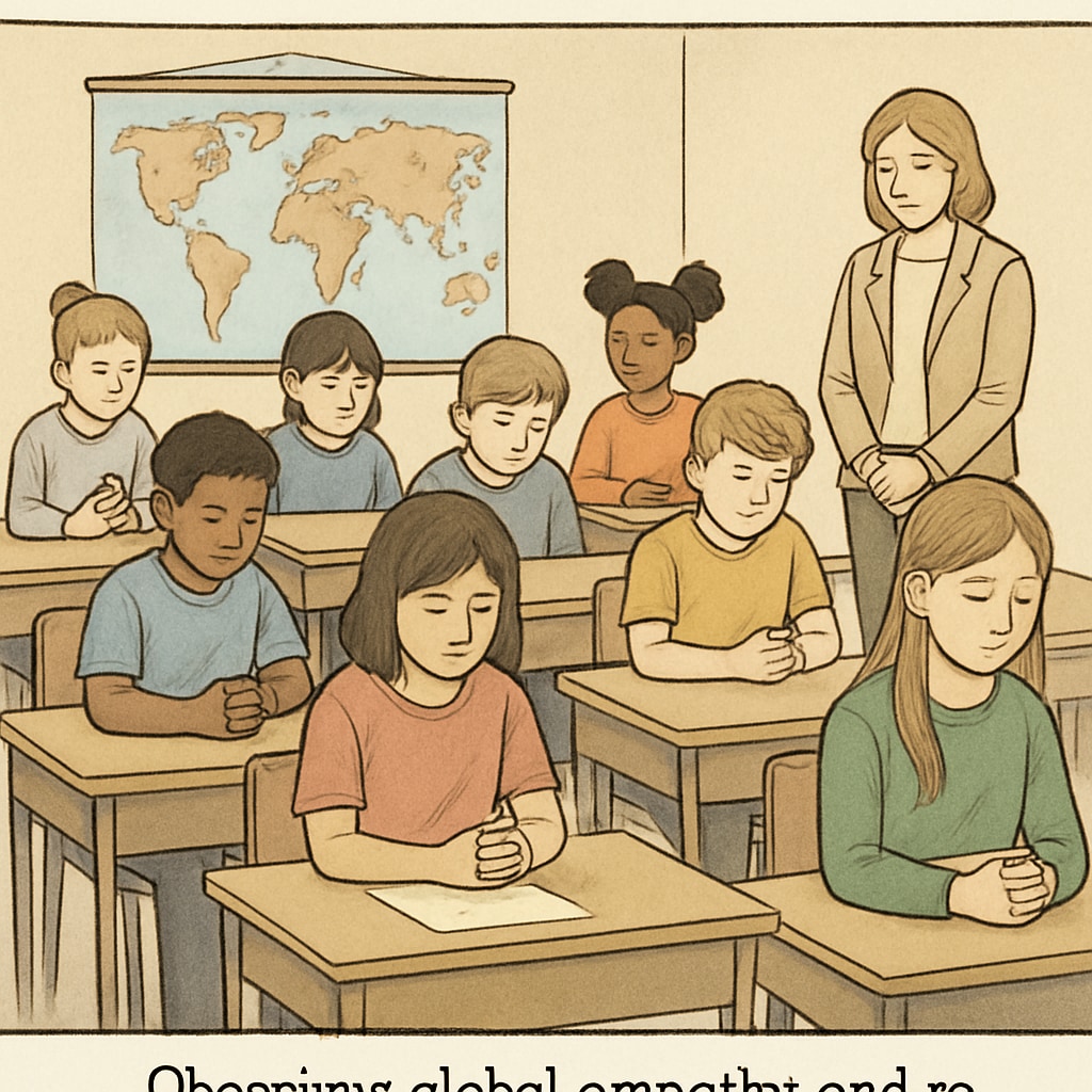 Students observing a moment of silence for global war victims, reflecting Gaza mourning and broader contexts.