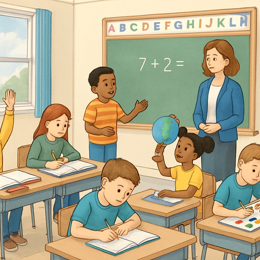 Public school classroom with students and a teacher maintaining order.
