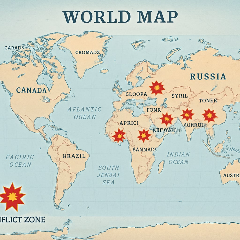 Global map highlighting conflict zones, illustrating the broader context of mourning activities.