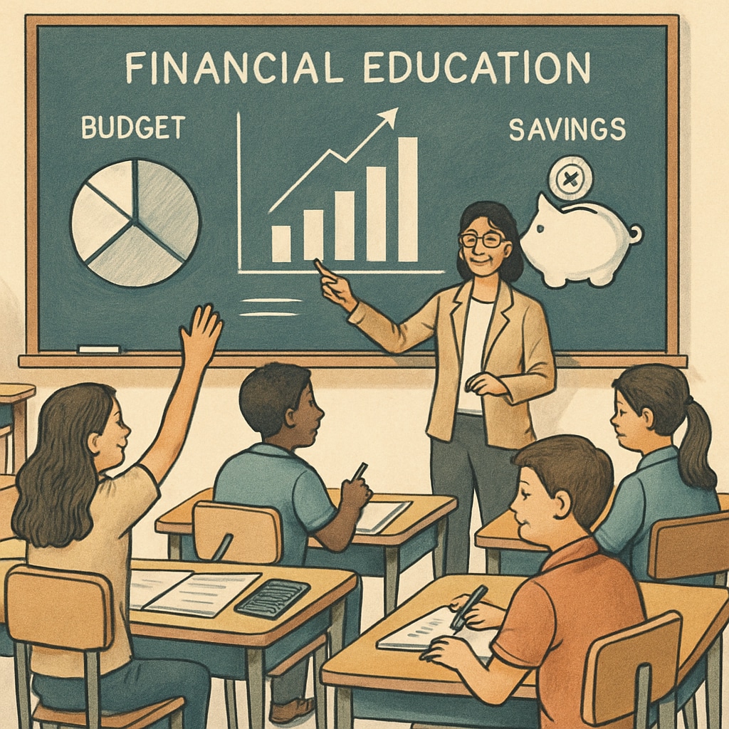 Students learning financial education, including budgeting and savings, in a classroom setting.
