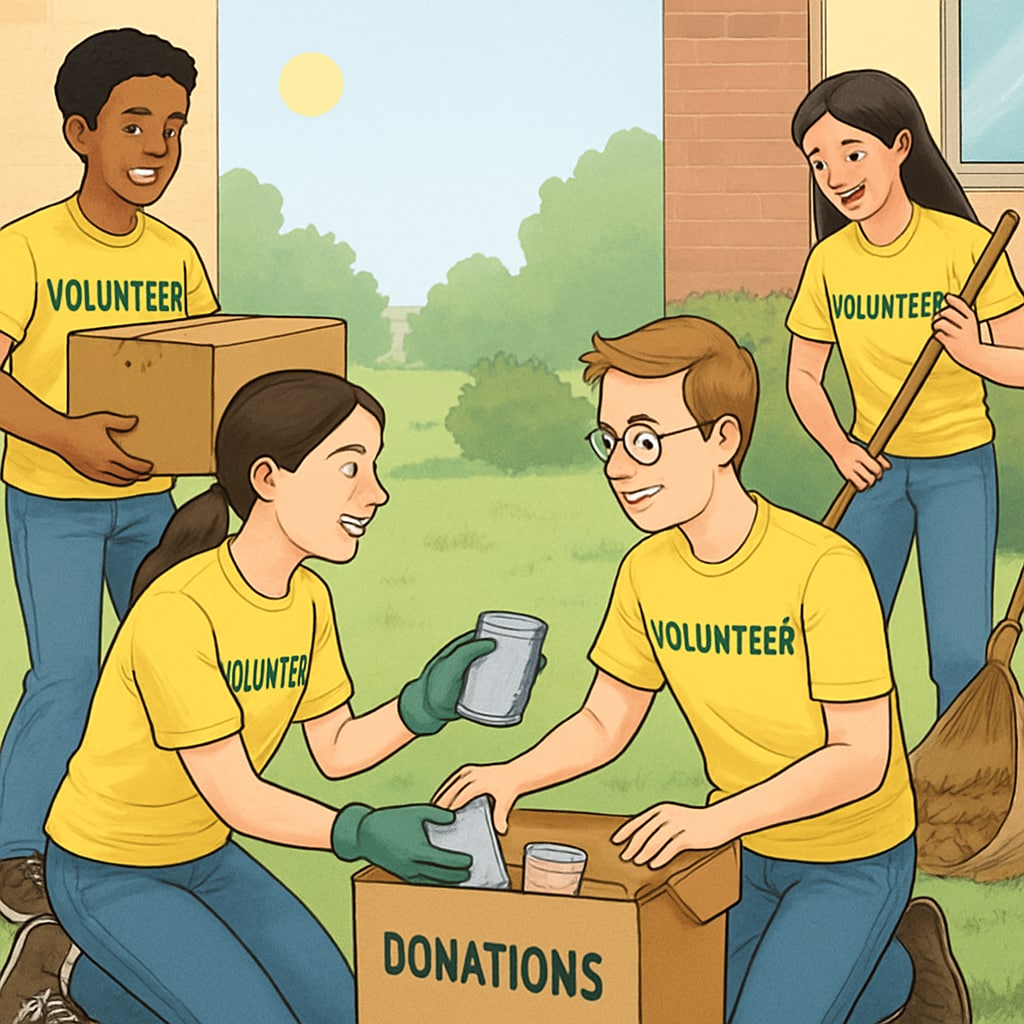 A group of students engaged in community service, learning teamwork and empathy.
