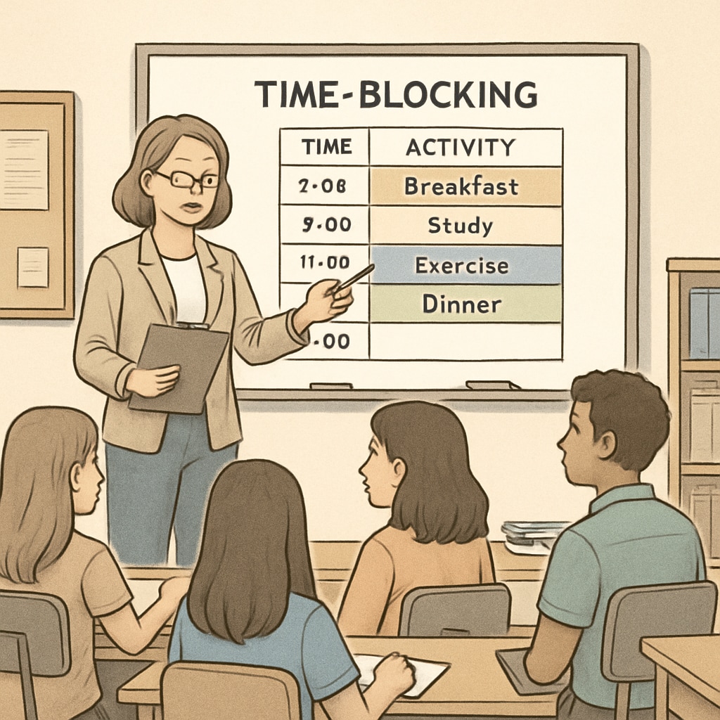 A teacher explaining time management techniques to students, including time-blocking methods.