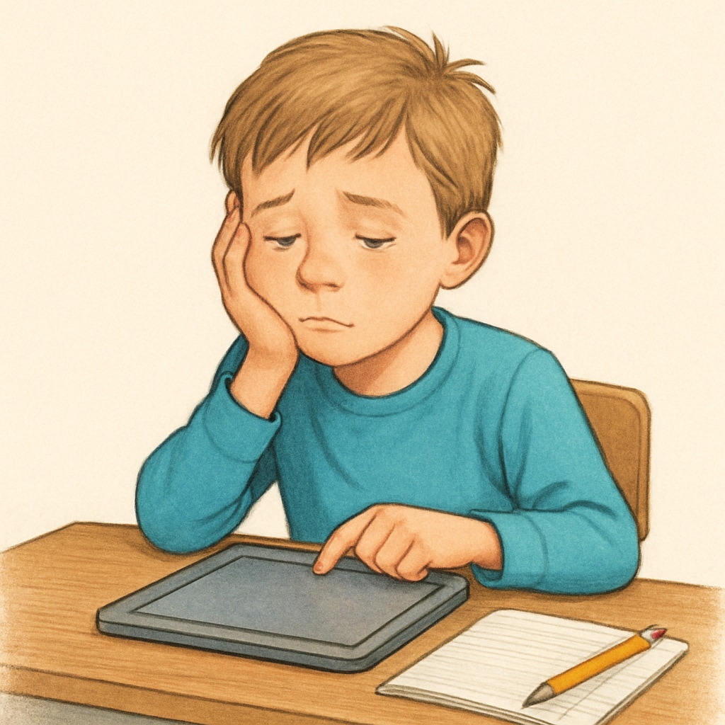 A tired child using a tablet, highlighting the effects of technology overuse on child development.