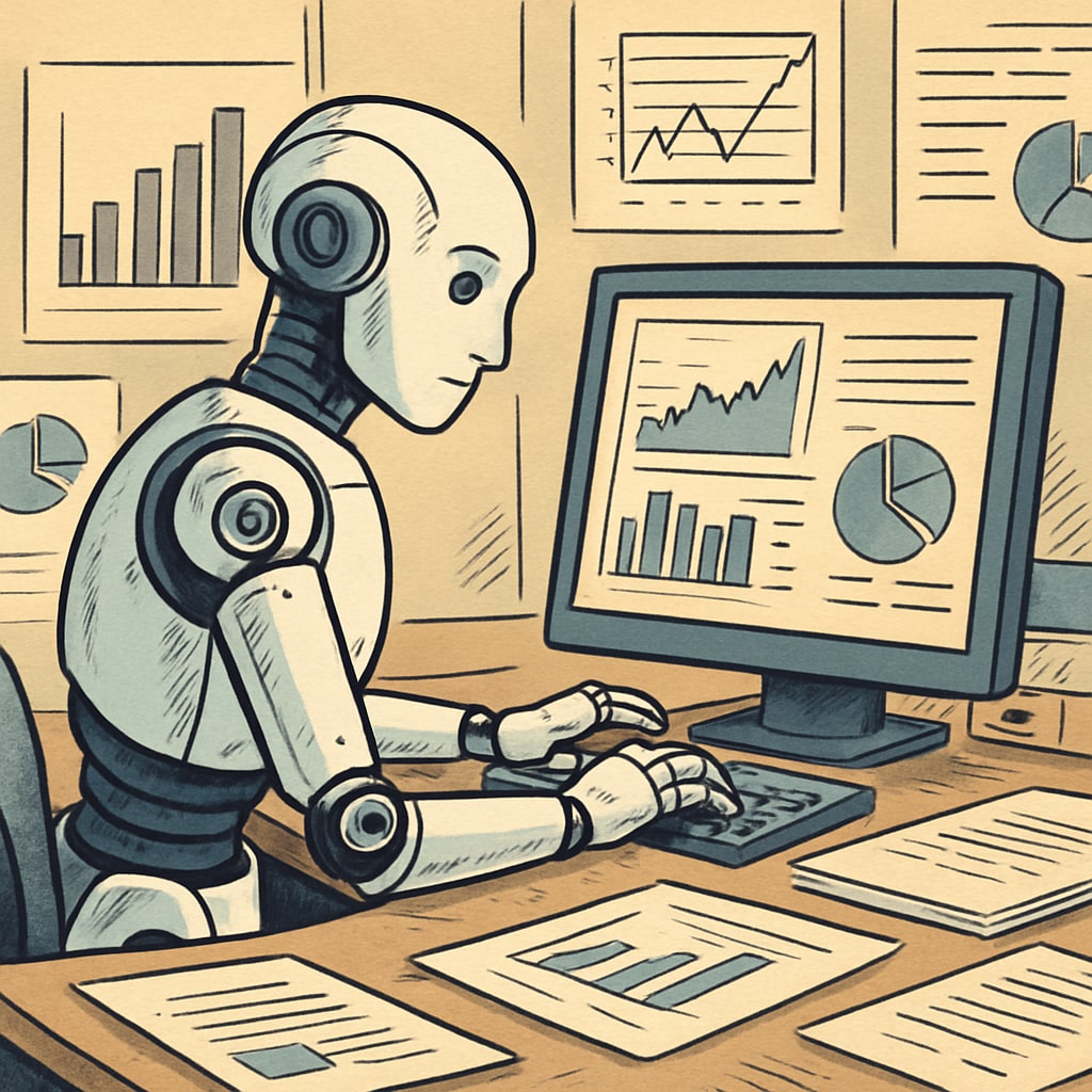 An AI-powered robot analyzing data in a professional workspace, symbolizing the automation of traditional jobs AI-powered robot analyzing data, representing automation and career changes