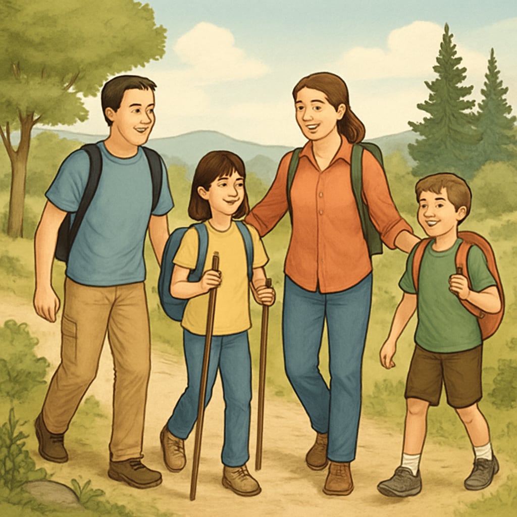 A family hiking outdoors, promoting a healthy balance between technology and offline activities.