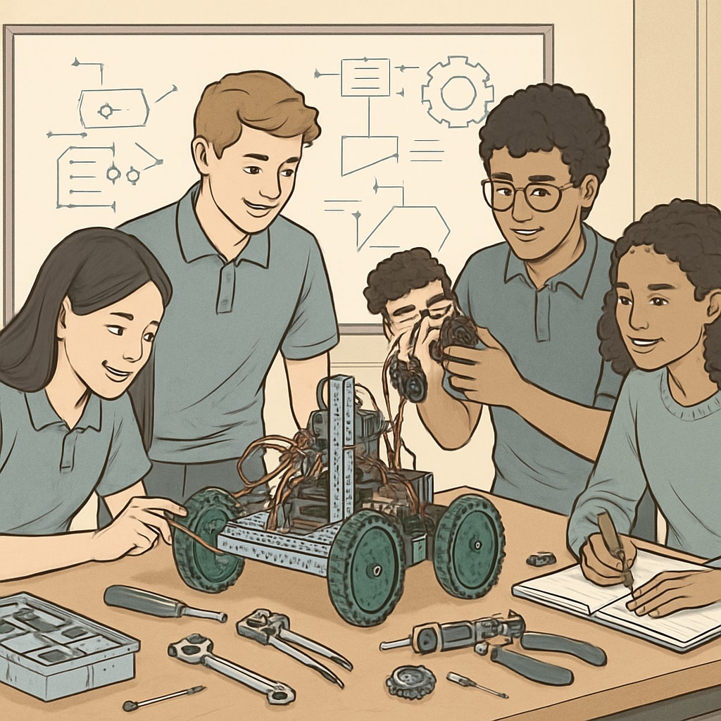 A group of high school students collaborating on a robotics project to prepare for AI-driven careers High school students working on robotics, symbolizing preparation for AI-driven industries