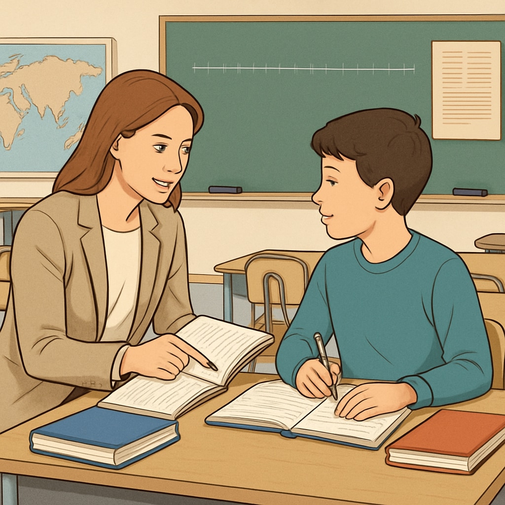 Teacher giving feedback to a student in a modern classroom to promote learning.