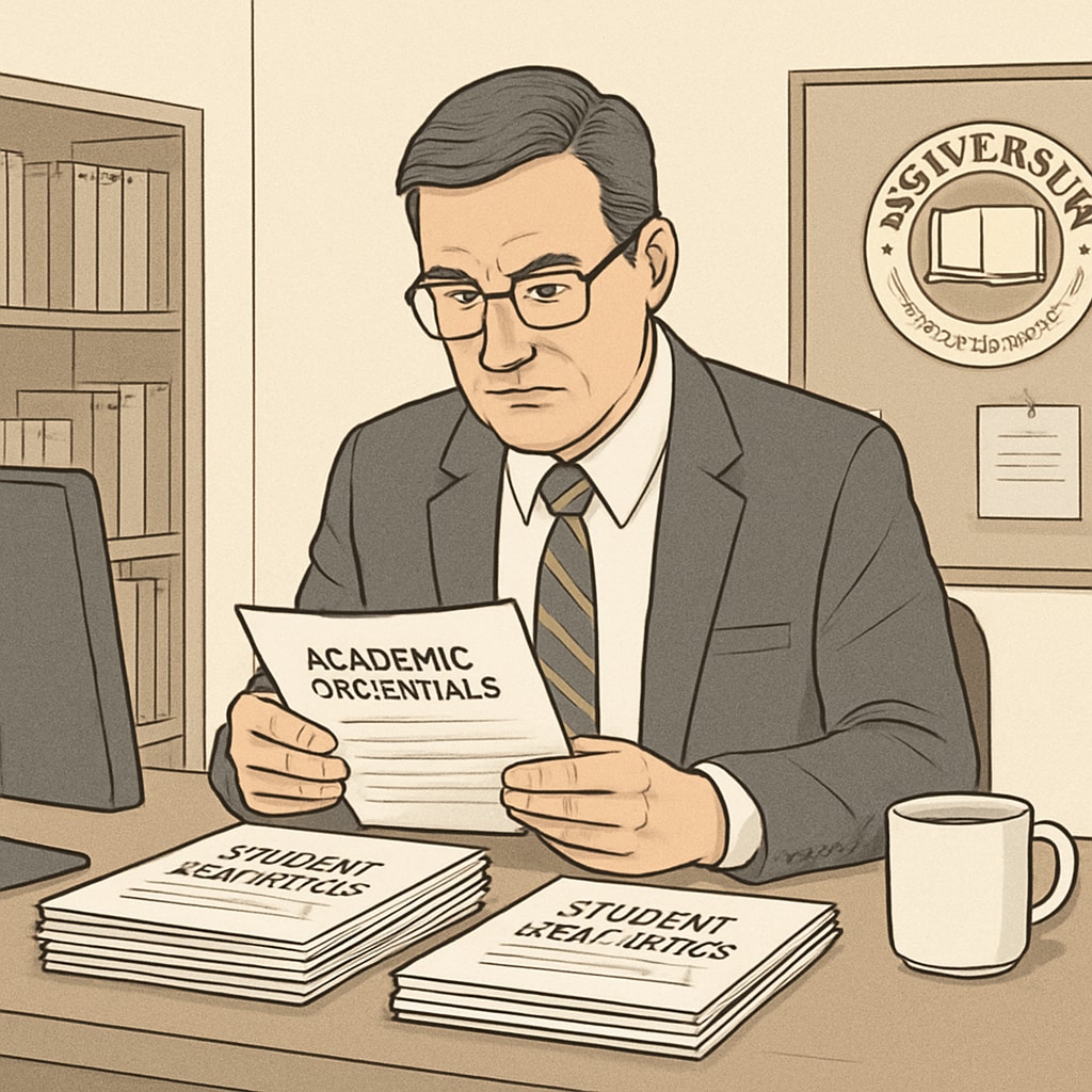 University admissions officer verifying application credentials for authenticity.