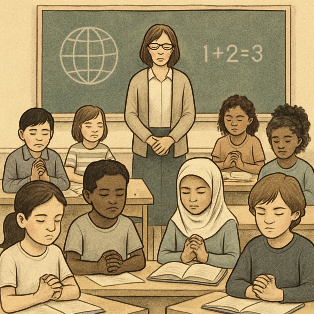 Students in a classroom observing a moment of silence for global war victims.