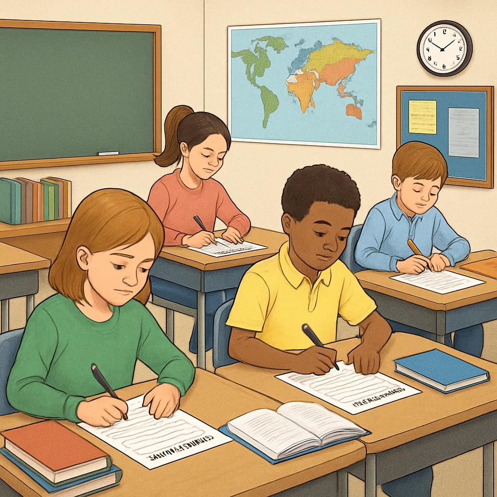 Students completing surveys in a classroom to enhance educational methods.