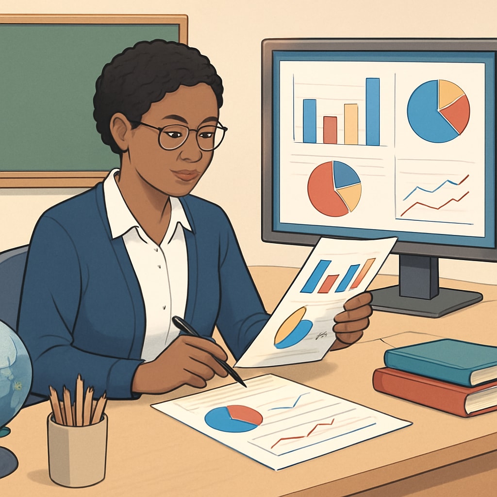 Teacher reviewing survey data to optimize educational outcomes.