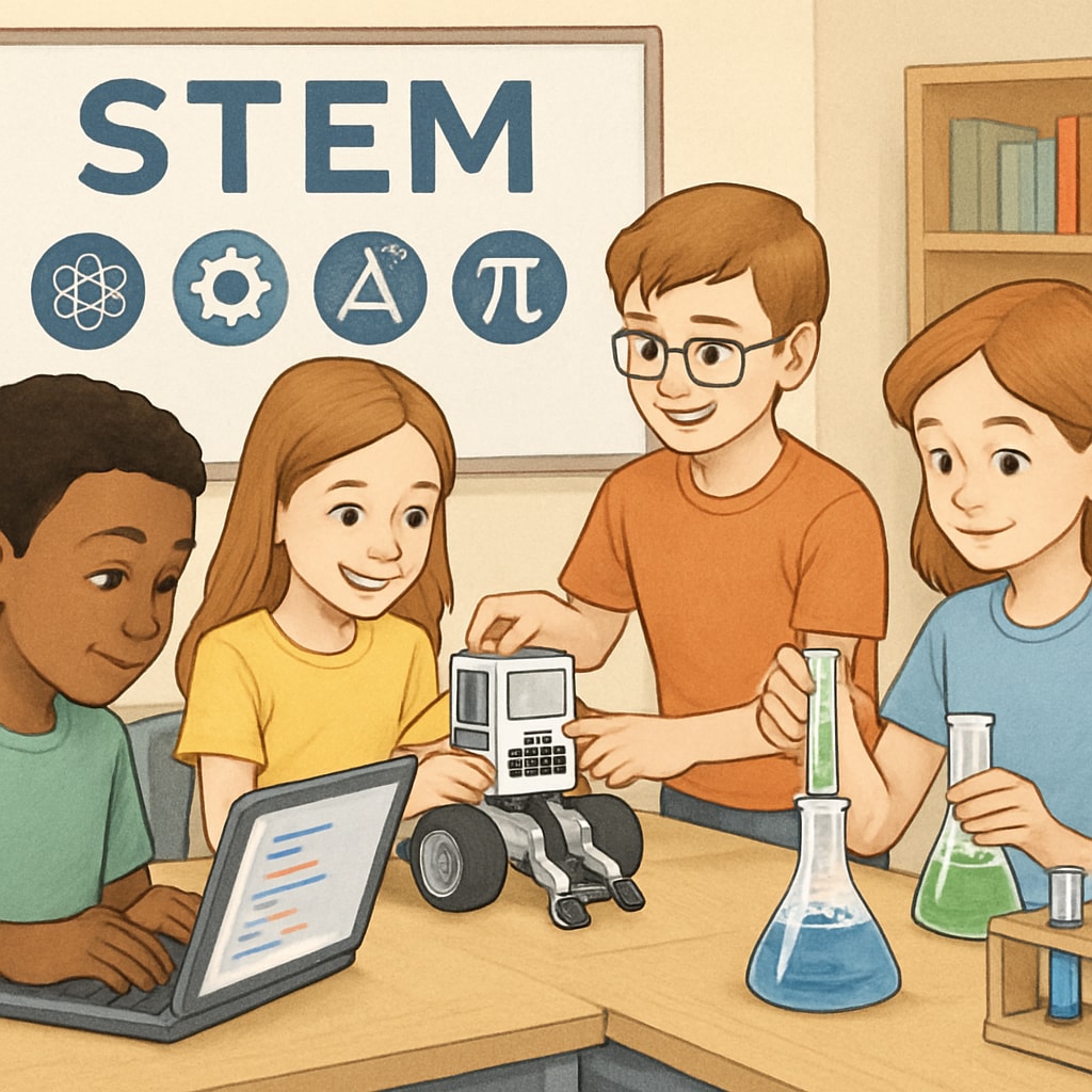 STEM-focused classroom with students learning coding and robotics.