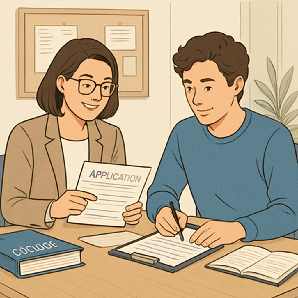 College counselor helping a student with an honest application review.