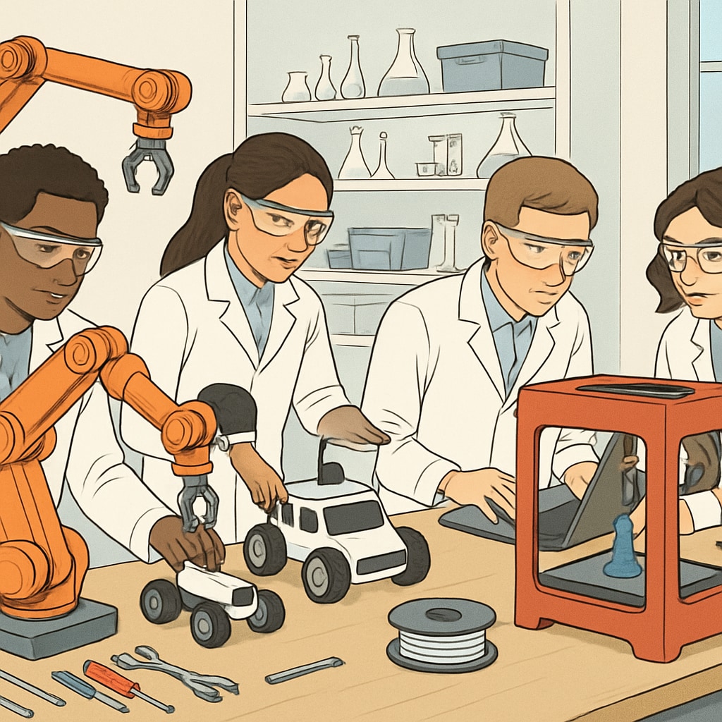 High school students working on robotics and 3D printing in a STEM lab.