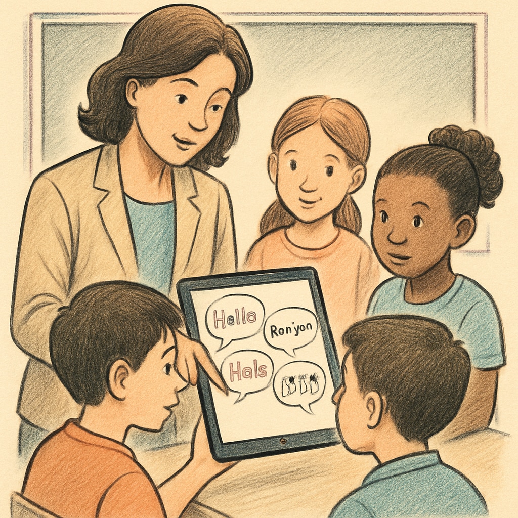 A teacher guiding students through an interactive lesson on a tablet, showcasing multilingual features. Teacher using Gurwi app for interactive multilingual education lesson.