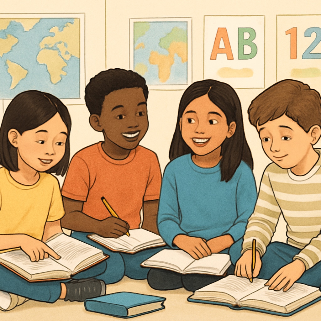 A diverse group of children from different parts of the world sitting in a classroom setting, symbolizing global education unity. Diverse group of children representing global education and unity.