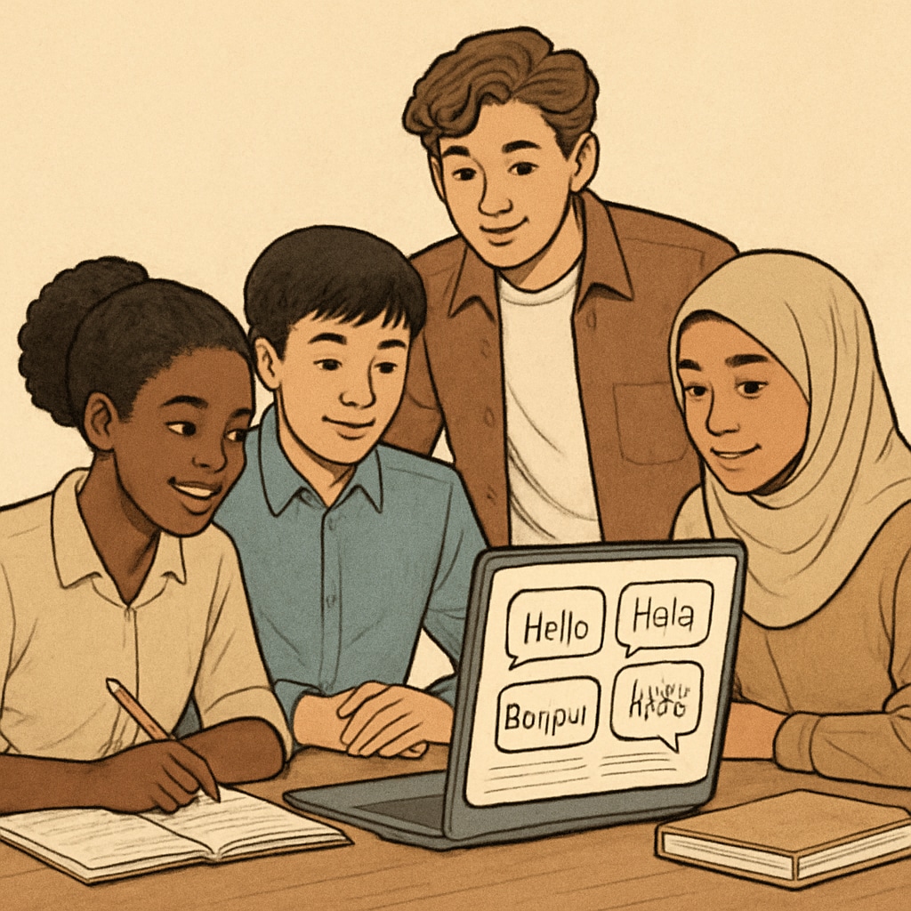 Students from diverse backgrounds collaborating on a multilingual education platform. Students engaging with multilingual educational content on a digital platform.