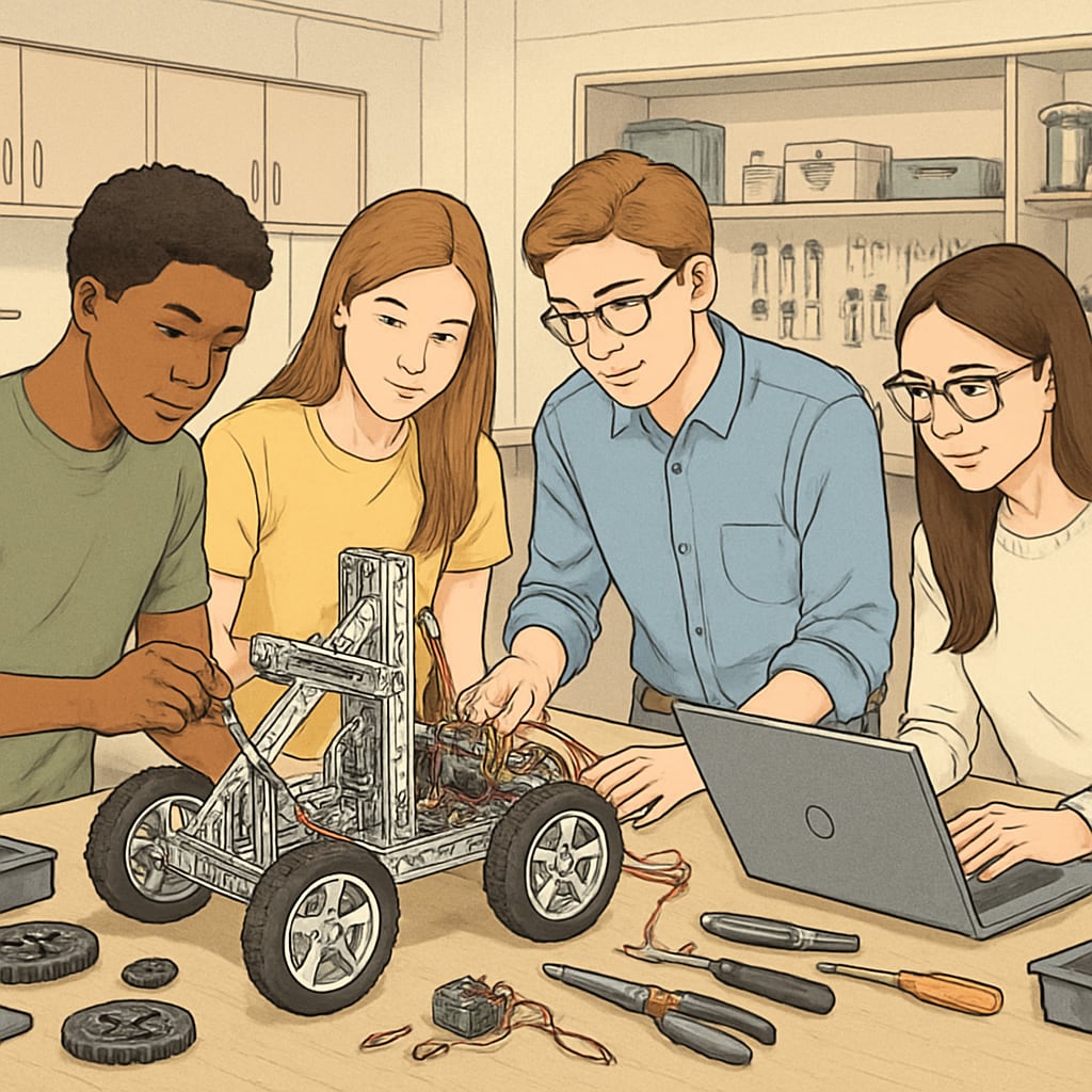 High school students building a robot as part of STEM education