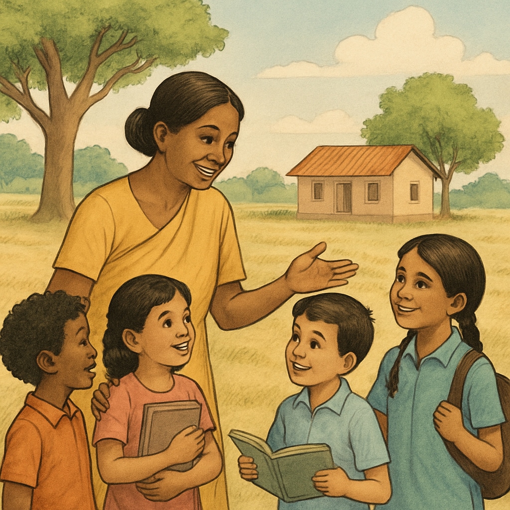 A teacher interacting with children in a rural setting, illustrating the importance of accessible education in underserved communities. Teacher engaging with children in rural areas to promote global education access.