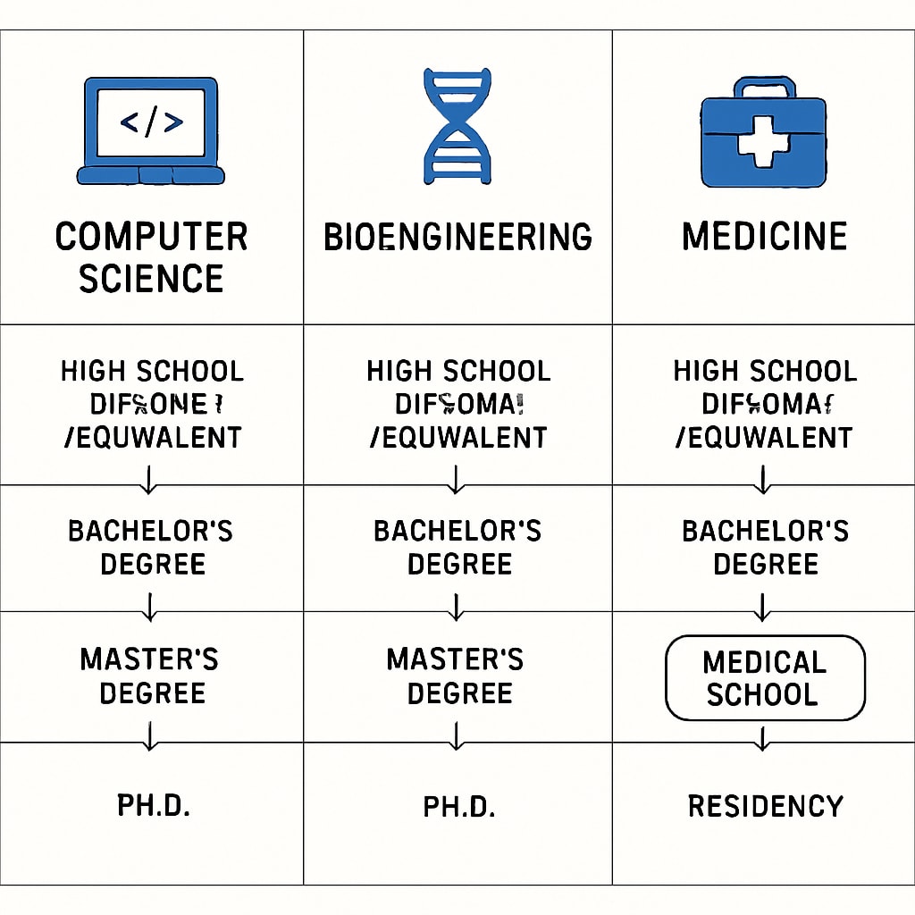 A comparison chart showing the academic pathways and requirements for computer science, bioengineering, and medicine. Academic pathways comparison chart for computer science, bioengineering, and medicine