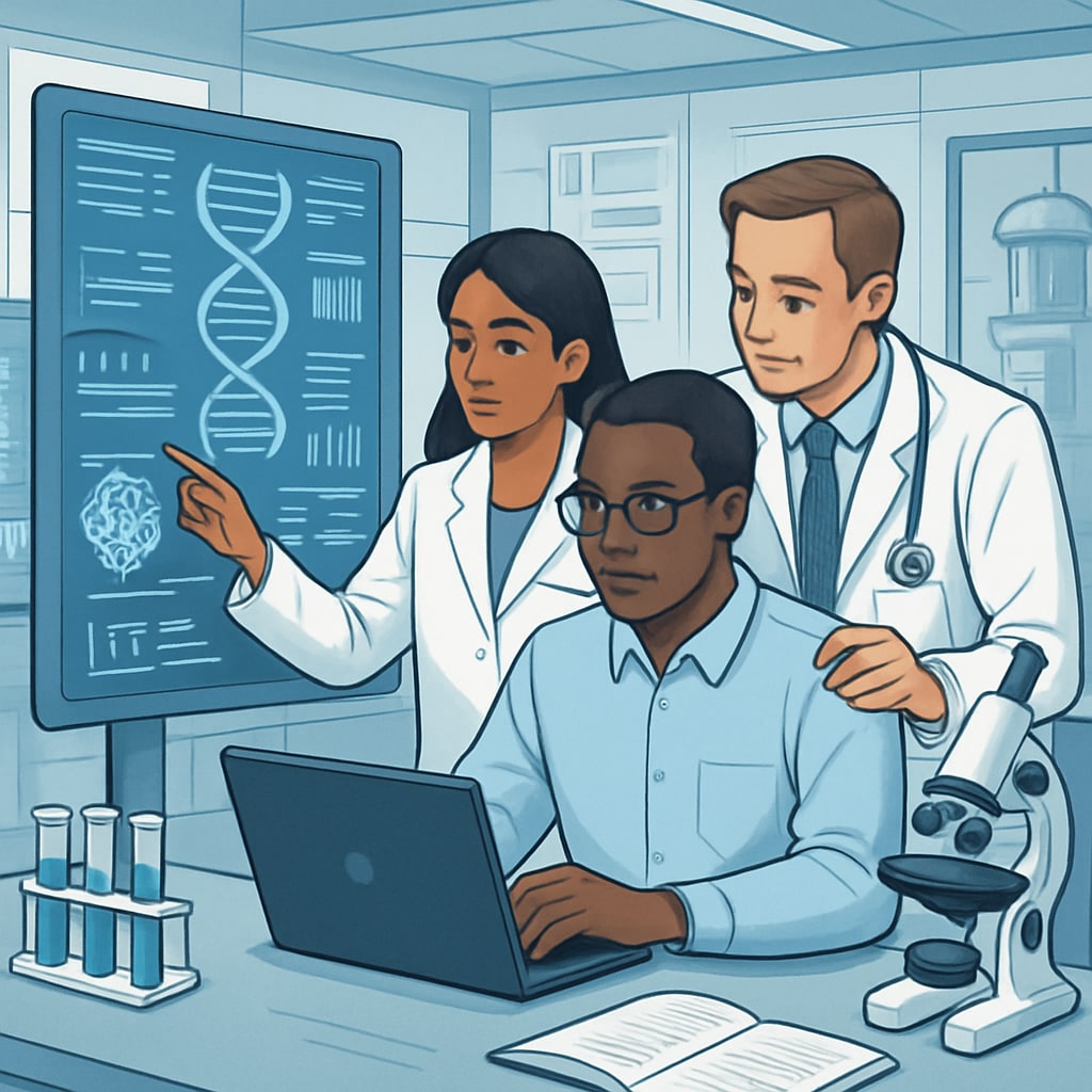 A futuristic depiction of professionals in computer science, bioengineering, and medicine working collaboratively on a project. Professionals from computer science, bioengineering, and medicine collaborating