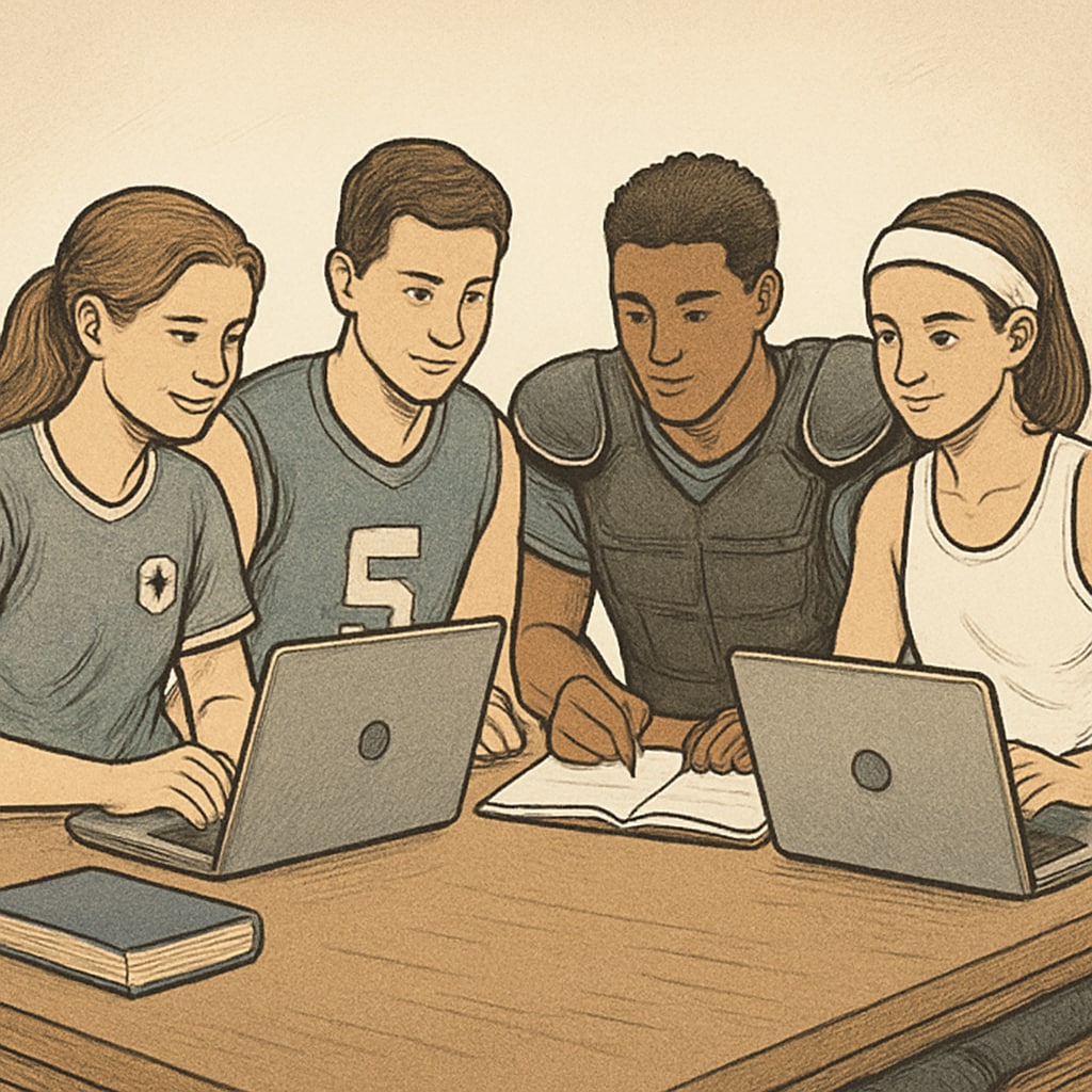 Student-athletes using laptops to uphold academic integrity with AI tools.