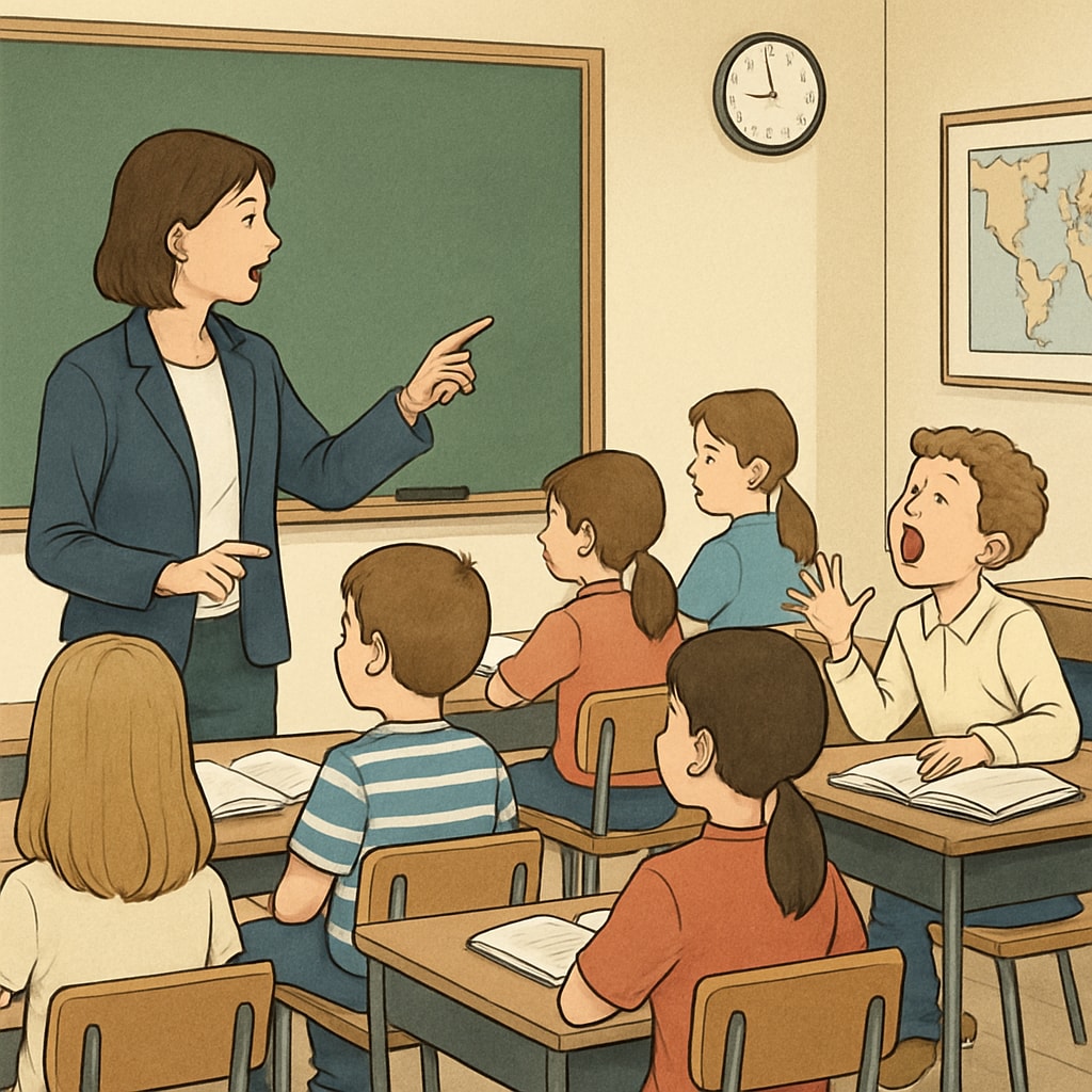 Classroom with a teacher addressing a disruptive student while others focus on learning.
