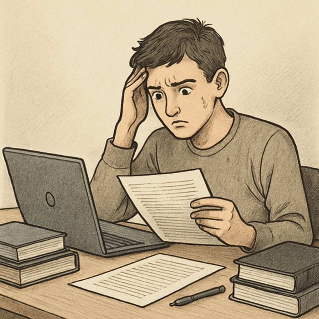 Concerned student reviewing an academic paper on a laptop
