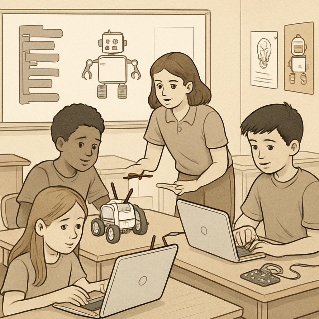 K12 students learning robotics and coding, preparing for AI-driven careers.