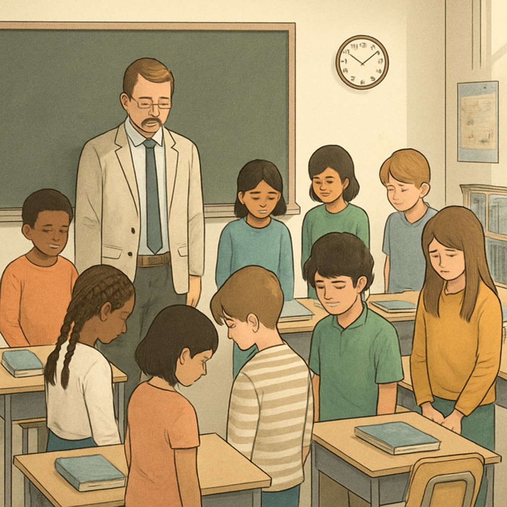 A classroom holding a minute of silence, symbolizing a broad mourning practice for war victims. Students observing a moment of silence for war victims in a classroom setting.