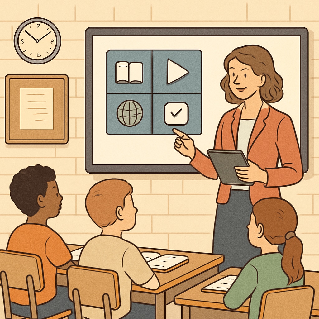 A teacher using a digital platform in a classroom setting, illustrating the integration of technology in education. ELIBRAIN education tool being used by a teacher in a classroom.