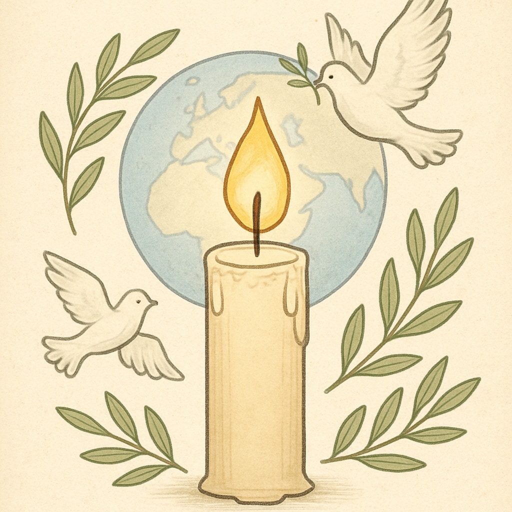 A symbolic candle representing global mourning for victims of war and violence. A lit candle symbolizing remembrance and reflection for war victims worldwide.