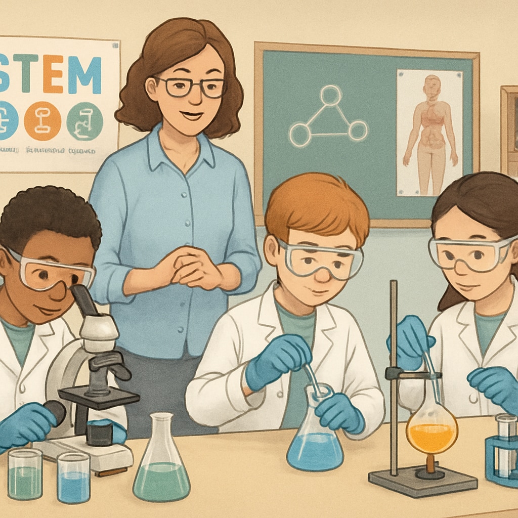 STEM classroom illustrating safe and structured experiments, emphasizing teaching quality and lab safety.