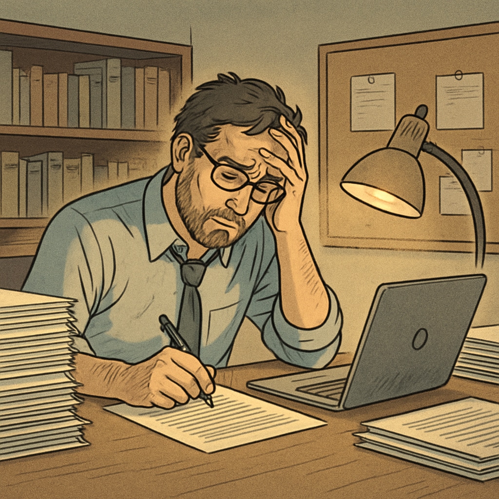 A freelance faculty member under academic publishing pressure, working on research.