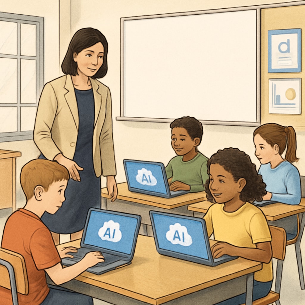 Students using laptops to interact with AI tools in a monitored classroom environment.