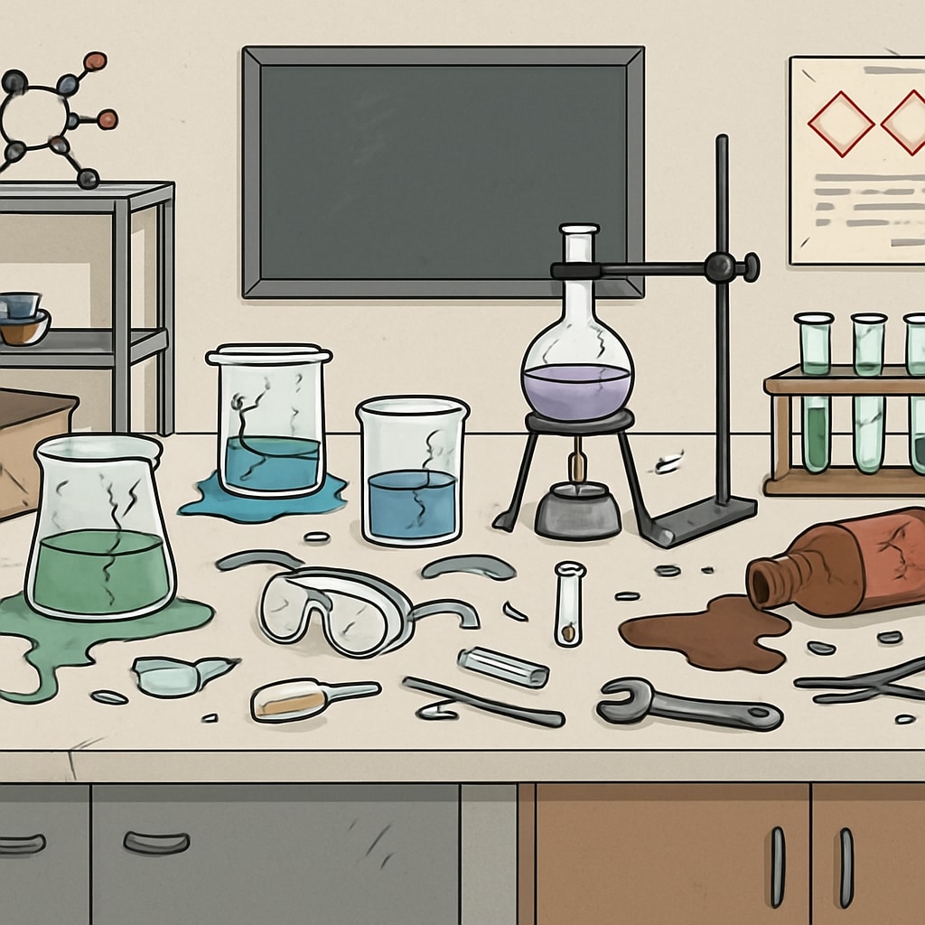 Disorganized science lab showing broken equipment, highlighting administrative inefficiency.