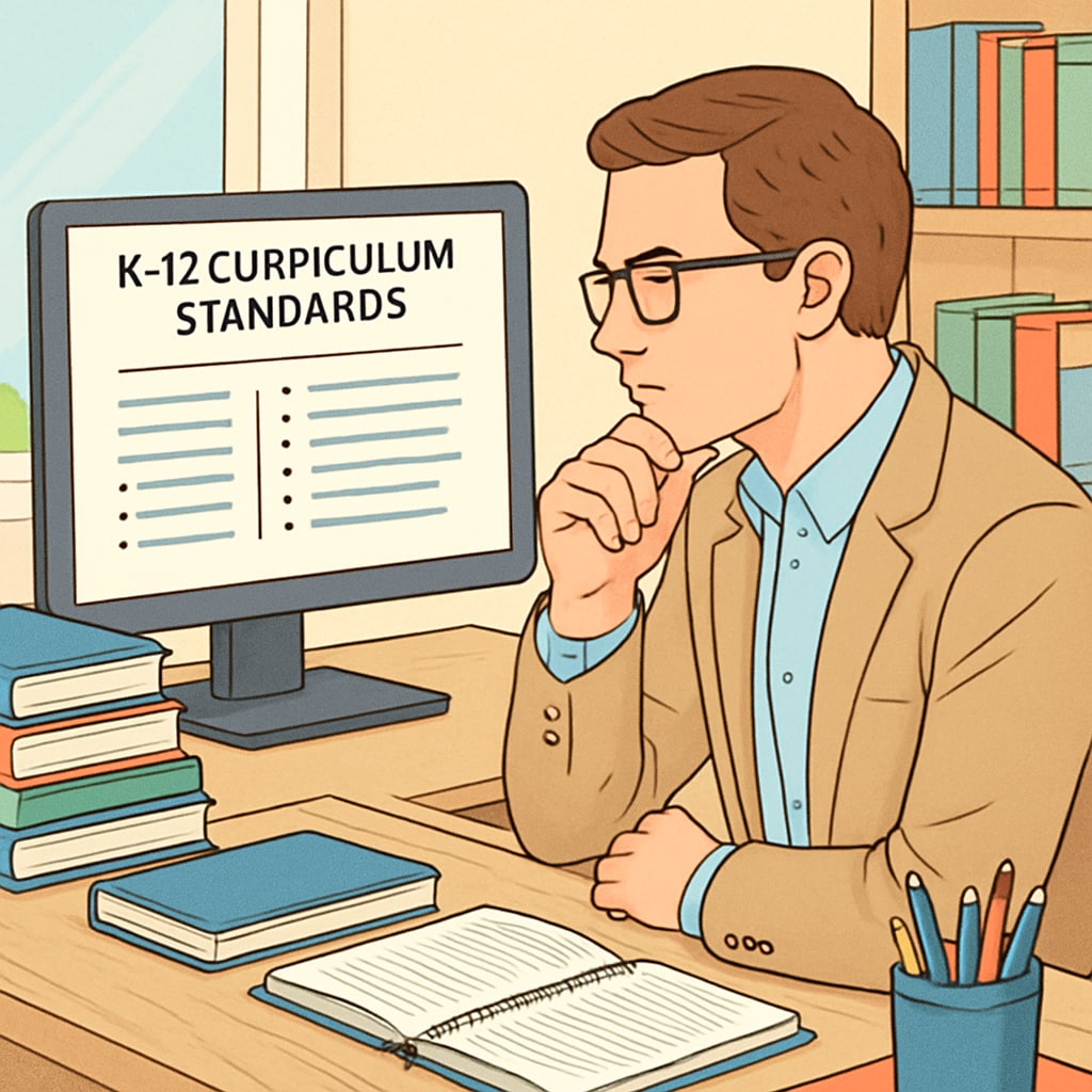 A teacher reviewing K-12 curriculum standards on a computer to design educational resources. Teacher using a computer to study K-12 curriculum standards for resource design.