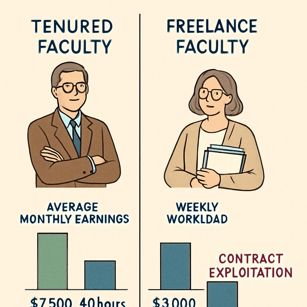 A visual representation of the workload and earnings gap between tenured and freelance faculty.