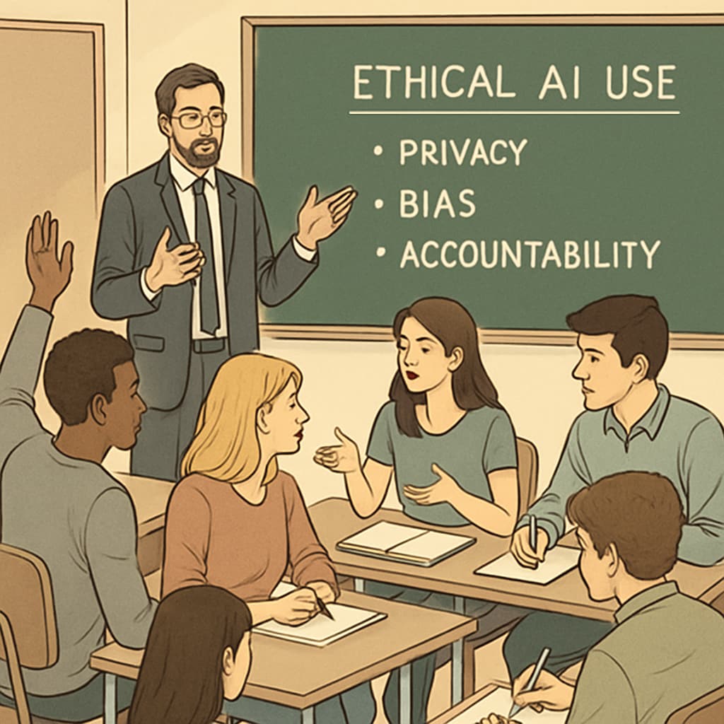 A teacher moderating a debate on ethical AI applications and critical thinking in education.
