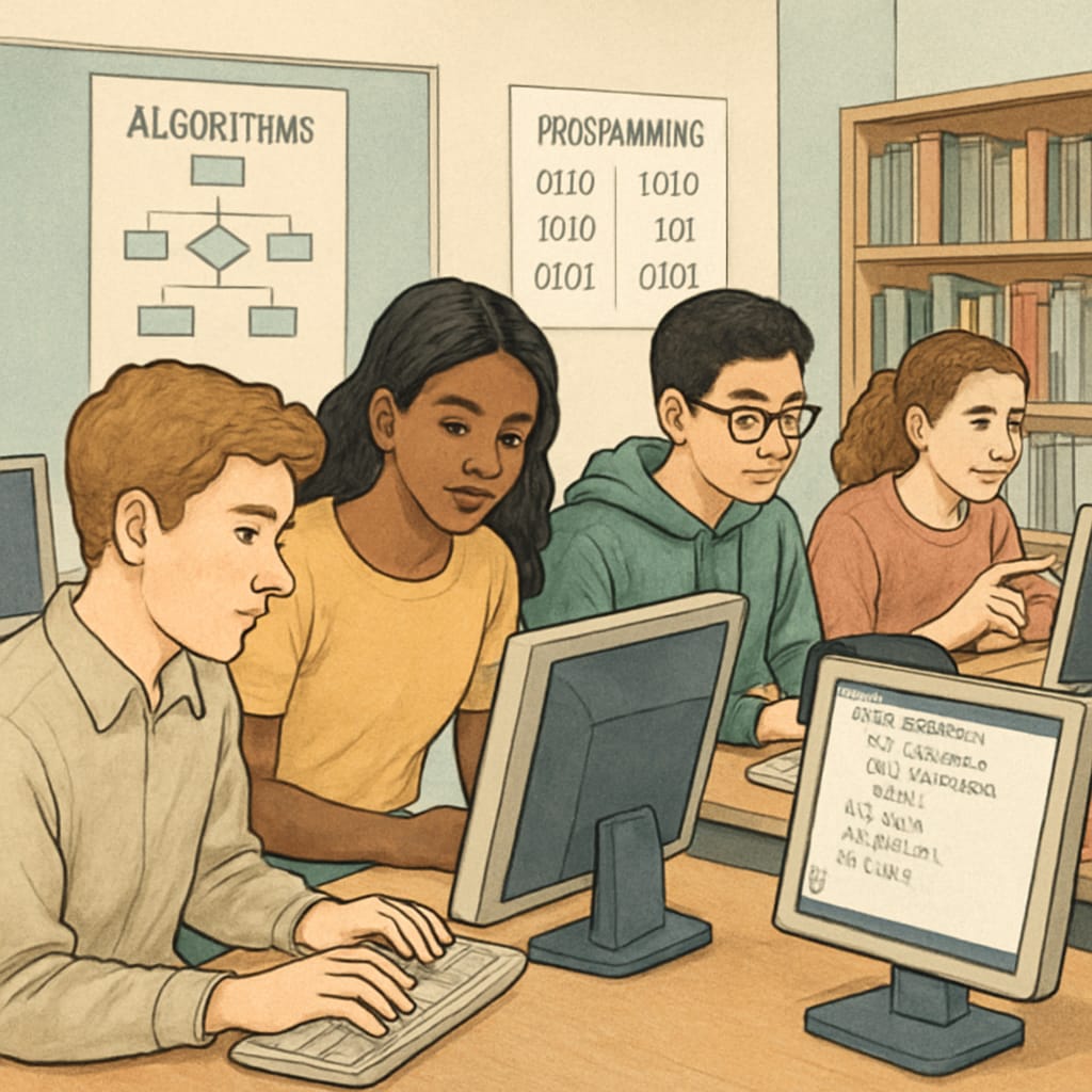A group of students working collaboratively on coding algorithms in a computer lab setting. Students collaborating on AI algorithm implementation in a computer lab.
