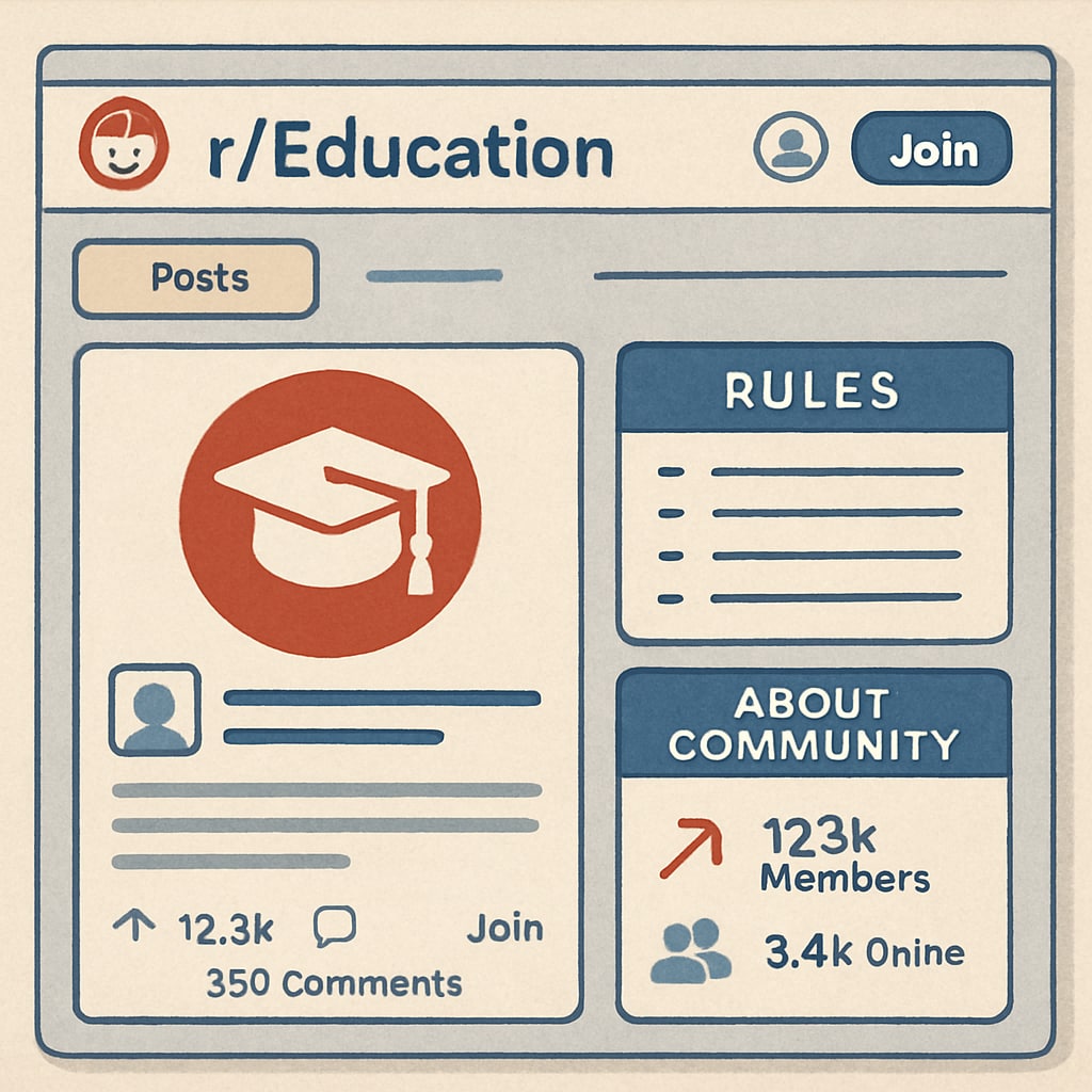A screenshot of a Reddit education subreddit homepage, showing rules and community engagement. Reddit education subreddit homepage displaying community rules and discussions