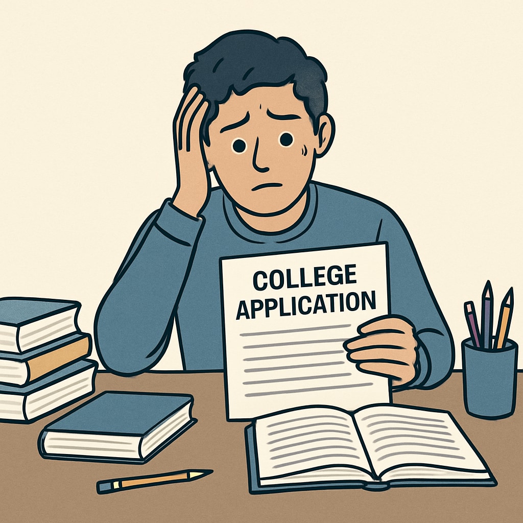 A student anxiously reviewing their college application, symbolizing the pressure to stand out. Student reviewing college application under pressure