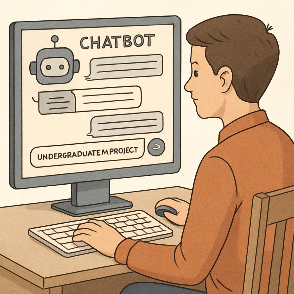A student interacting with a chatbot interface developed during an undergraduate AI project. Student testing a chatbot created as part of an AI course project.