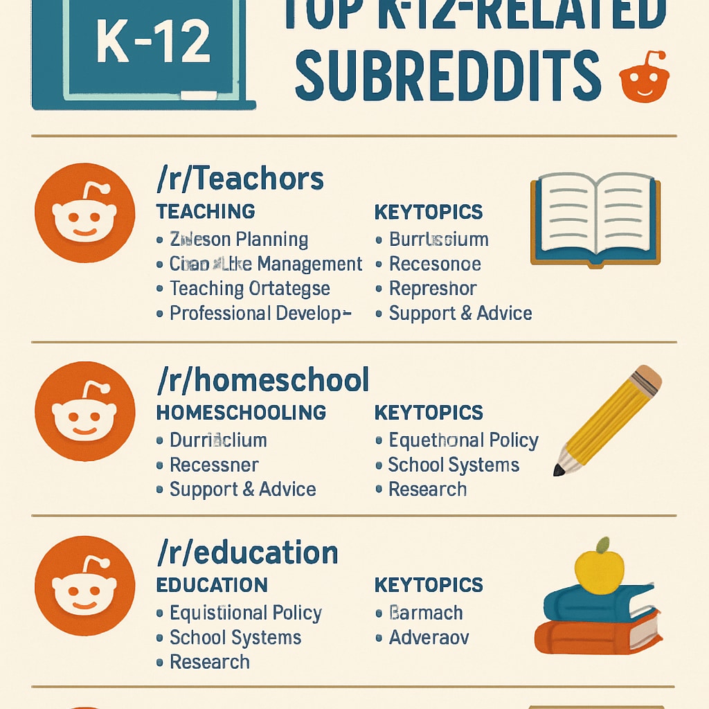 An infographic summarizing the top K12-related subreddits and their focus areas. Infographic of top K12-related subreddits and their main topics